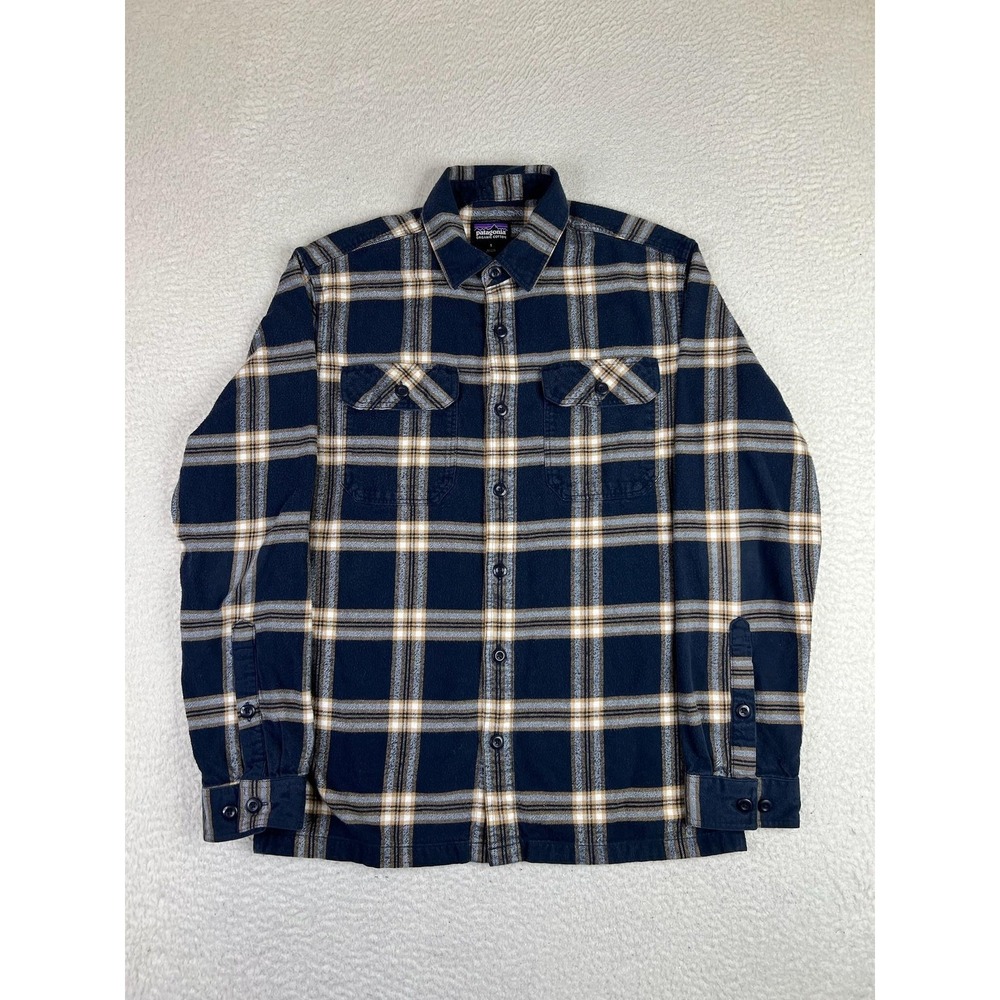 Patagonia Shirt Mens Small Blue Fjord Flannel Plaid Organic Cotton LS Button Up